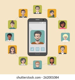 Vector illustration of global communication and social network with different people flat app icons
