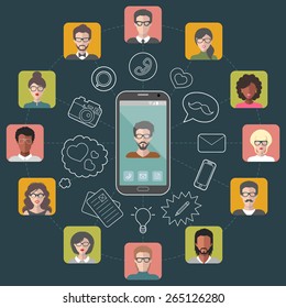 Vector illustration of global communication and social network with different people flat app icons