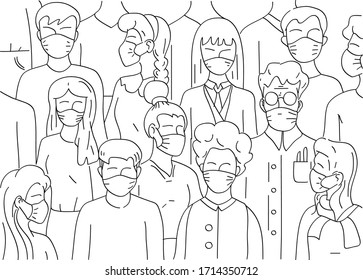 Vector illustration, Global epidemic corona virus 2019-nCov, Quarantine people women and man in face medical masks. line art, outline illustration