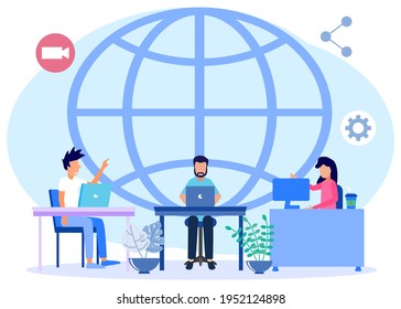 Vector illustration of global freelancing with outsourcing of work around the concept between countries. International workplace as an online employee for remote projects for piece jobs.