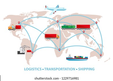 Vector illustration of the global logistics network. Delivery and transportation services. Shipping by train, airplane, truck and ship. World map with the loads, cargo, shipment traffic. 