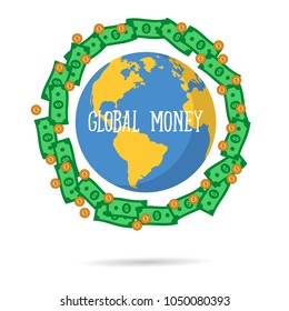 Vector illustration of global money transfer concept. Send money online background. International currency signs flying around a world globe.