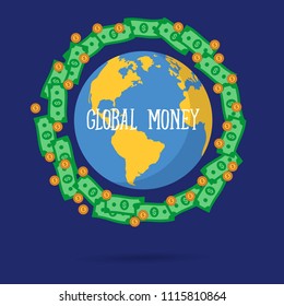 Vector illustration of global money transfer concept. Send money online background. International currency signs flying around a world globe.