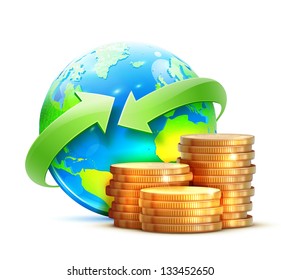 Vector Illustration Of Global Money Transfer Concept With Blue Glossy Earth Globe And Golden Coins Isolated On A White Background.