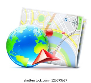 Vector illustration of global navigation concept with blue glossy earth globe and city map