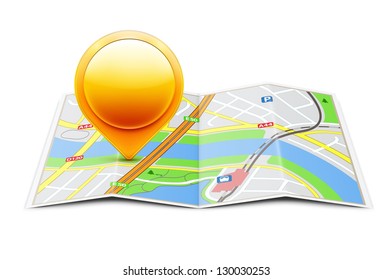 Vector illustration of global navigation concept with city map and glossy location pointer icon on it