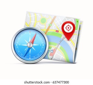 Vector illustration of global navigation concept with detailed blue compass and city map