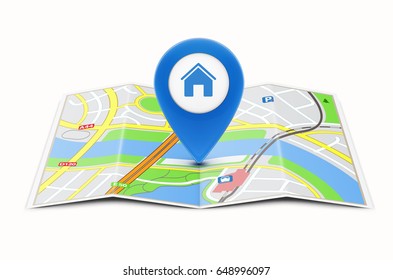 Vector illustration of global navigation concept with city map and glossy location pointer with house icon