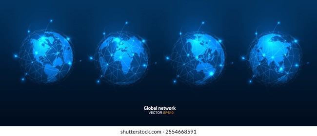 Vector illustration of a global network, with lines connecting different countries, Planet Earth background, Global Protection Network Concept Futuristic