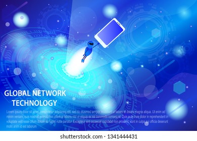 Vector illustration. Global network technology. Concept of business, transformation leading digital technology and cybernetics. Smartphone on abstract background