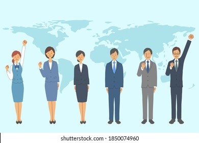 Vector illustration of global office workers standing on the background of world map