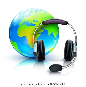 Vector illustration of global online support concept with headset and blue glossy globe