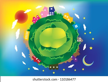Vector illustration of a global scene with houses and building, day and night.