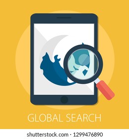 Vector Illustration Of Global Search & World Magnifying Concept With 