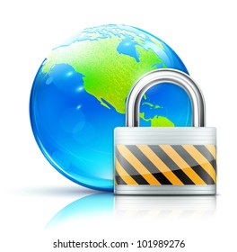 Vector illustration of global security concept with locked pad lock and cool glossy globe showing the Americas