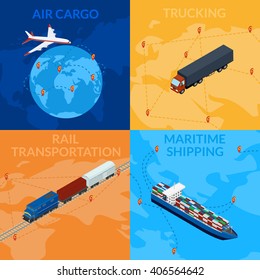 Vector illustration. Global supply chain. Logistics. 3D, isometric, infografic. Set icons - cargo train, maritime shipping, truck, cargo plane.