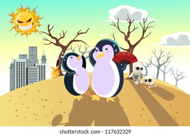 A vector illustration of a global warming concept, with penguins on a dry hot land