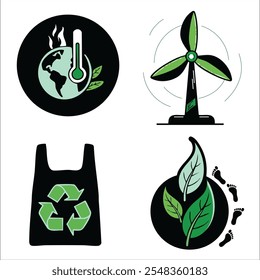 A vector illustration of global warming icons: rising temperatures, wind turbines, recycling bag, and eco footprint, promoting sustainable energy and environmental responsibility.