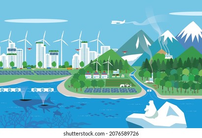 Vector illustration of global warming prevention image with renewable energy