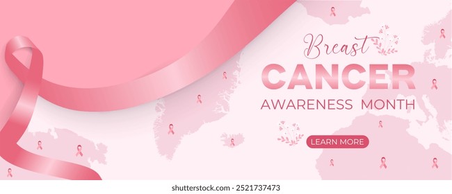 Vector illustration of a global-themed banner for breast cancer awareness month, featuring a prominent pink ribbon and world map backdrop.