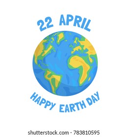 a vector illustration of a globe for 22th of April; an international Earth Day; blue planet sign, symbol or icon; cartoon flat design