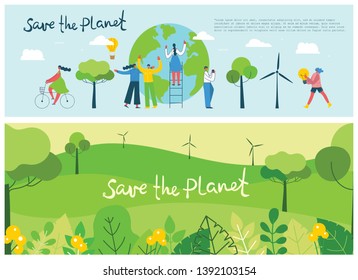 Vector illustration with a globe and activists people around, in the flat style. Concept of day of the Earth, save the planet, save energy