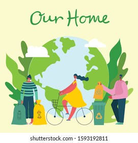 Vector illustration with a globe and activists people around, in the flat style. Concept of day of the Earth, save the planet, save energy.