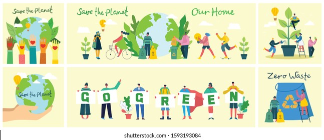 Vector illustration with a globe and activists people around, in the flat style. Concept of day of the Earth, save the planet, eco background and save energy.