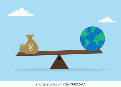 Ilustración vectorial de un mundo que se mide con dinero en una escala de balance que simboliza la economía global, el equilibrio financiero y la evaluación del comercio internacional

