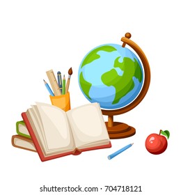Vector illustration of a globe, books and stationery.