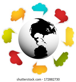 Vector illustration of globe and chat boxes.