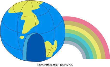 A vector illustration of a globe with colorful rainbow