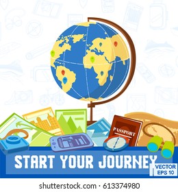 Vector illustration. Globe compass, travel. Start your journey. Beginning of travel
