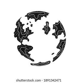 Vector illustration of the globe with continents in the style of engraving. Countries are drawn with white lines on a black background.