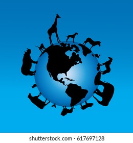 Vector illustration of globe with different animal.