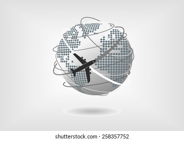 Vector illustration of globe with dotted world map of North America, South America, Europe and Africa in flat design. Icon airplane flying around the world on connections