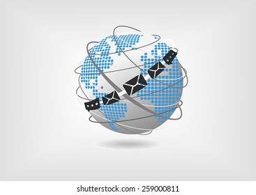 Vector Illustration Of Globe With Dotted World Map And Messaging And Mail Icons. Concept Of Unified Collaboration And Communication. 