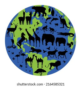 Vector illustration of globe earth and animals silhouettes