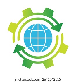 Vector illustration of a globe encircled by green arrows forming a gear, symbolizing the circular economy, sustainable industry, and eco innovation. Perfect for global recycling and green solutions.