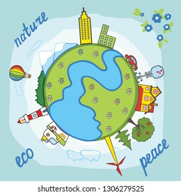 Vector illustration with globe, energy, river, forest mountains, ecology, skyscrapers, wind installations, ship and lighthouse