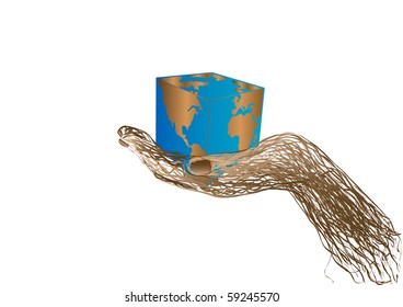 Vector illustration globe in the form of a cube on a hand from a rod