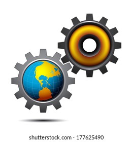 Vector illustration of globe and gears. 