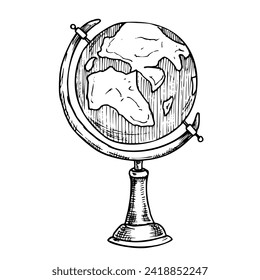 Vektorgrafik von Globe. Handgezeichnete Skizze des Jahrgangsmodells der Erde auf Holzsteg. Zeichnung von Retro-Karte mit schwarzen Tinten für Wissenschaft oder Bildung. Schwarze lineare Skizze für Symbol oder Logo.