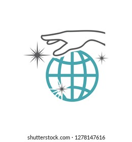 Vector illustration globe hand and stars. Set of vector symbols. The whole world in hands. A pleasant round-the-world travel with strange adventures. Flat design Monochrome