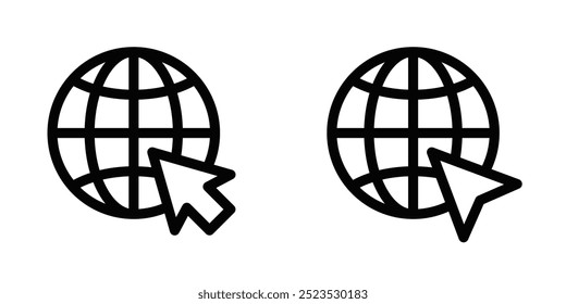 Ilustração vetorial de ícones de globo com um cursor, ideal para representar conceitos de web, navegação na internet ou alcance global. Traçado editável.