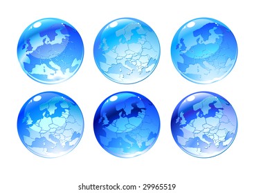Vector Illustration of globe icons with different countries.