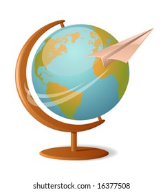 Vector illustration of a globe with paper plane