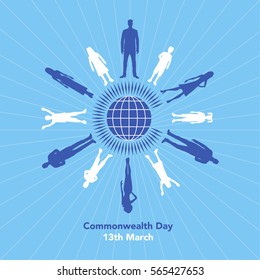 Vector illustration of the globe with people around it on white background with lettering. The illustration concerns the Commonwealth Day on March 13th. 