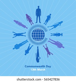 Vector illustration of the globe with people around it on white background with lettering. The illustration concerns the Commonwealth Day on March 13th. 