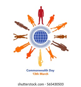 Vector illustration of the globe with people around it on white background with lettering.  The illustration concerns the Commonwealth Day on March 13th.